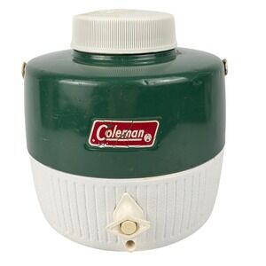 Vintage Coleman Water Cooler Jug w/Cup Green White Spigot Handle Camping Outdoor